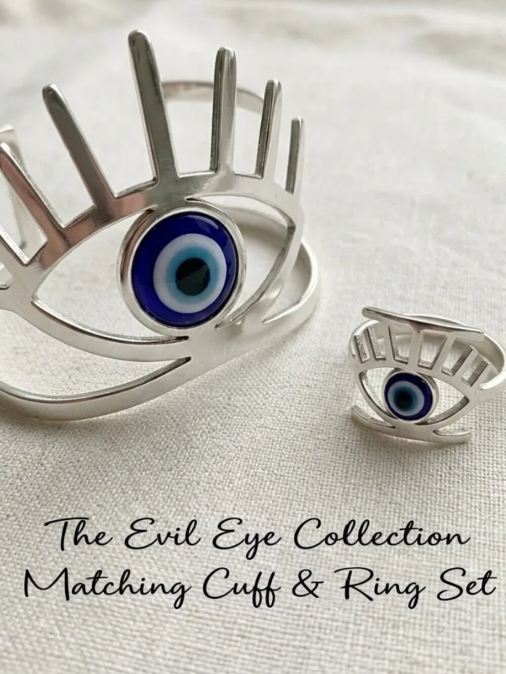 NWT Silver Evil Eye Ring & Bracelet Set Boho Protection Jewelry